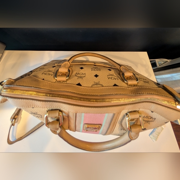 MCM Cream and Pink Satchel with Monogram Print - Picture 7 of 12